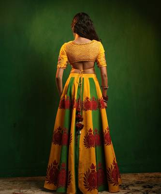 Yellow Green Printed Crepe And Glass Organza Lehenga Set 2