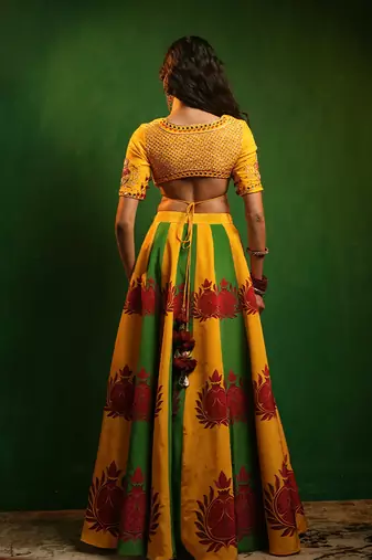 Yellow Green Printed Crepe And Glass Organza Lehenga Set