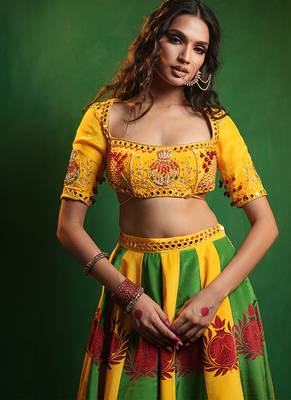 Yellow Green Printed Crepe And Glass Organza Lehenga Set 3