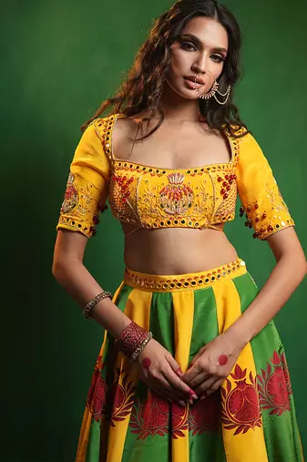 Yellow Green Printed Crepe And Glass Organza Lehenga Set
