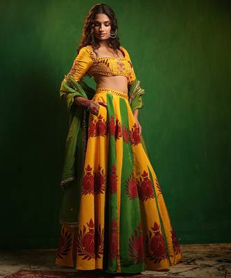 Yellow Green Printed Crepe And Glass Organza Lehenga Set 4