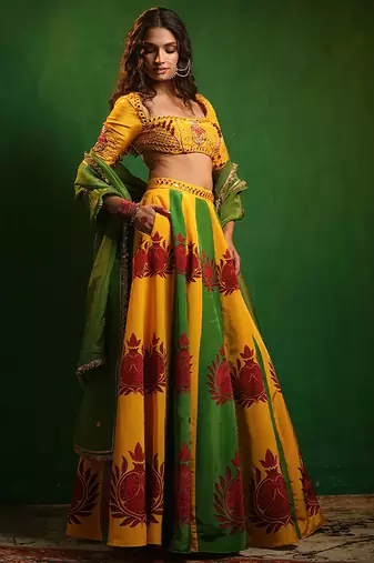 Yellow Green Printed Crepe And Glass Organza Lehenga Set