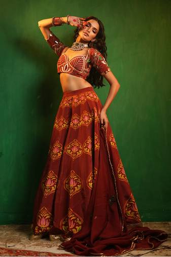 Maroon Digital Printed Crepe And Organza Lehenga Set