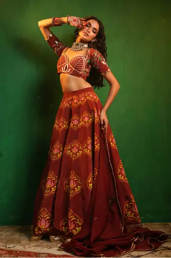 Maroon Digital Printed Crepe And Organza Lehenga Set
