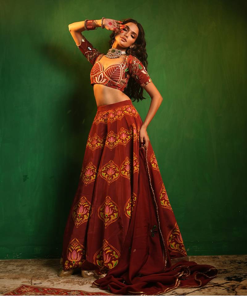 Maroon Digital Printed Crepe And Organza Lehenga Set