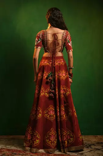 Maroon Digital Printed Crepe And Organza Lehenga Set