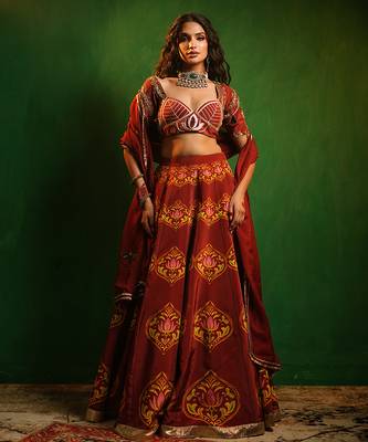 Maroon Digital Printed Crepe And Organza Lehenga Set 3