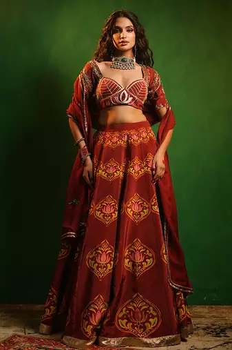 Maroon Digital Printed Crepe And Organza Lehenga Set