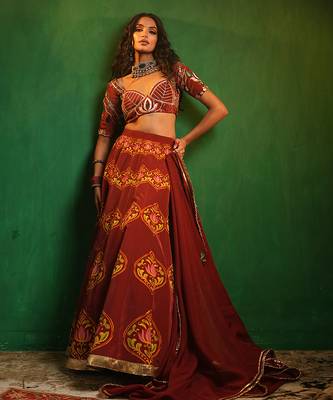 Maroon Digital Printed Crepe And Organza Lehenga Set 4