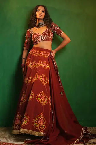 Maroon Digital Printed Crepe And Organza Lehenga Set