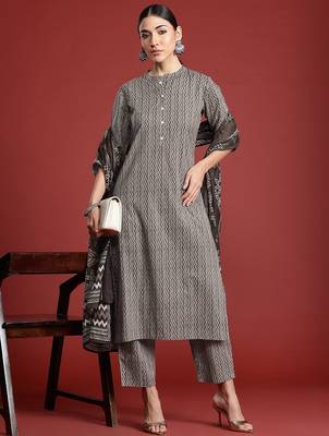 Printed Pure Cotton Kurta with Trousers & With Dupatta 1