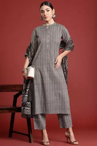 Printed Pure Cotton Kurta with Trousers & With Dupatta