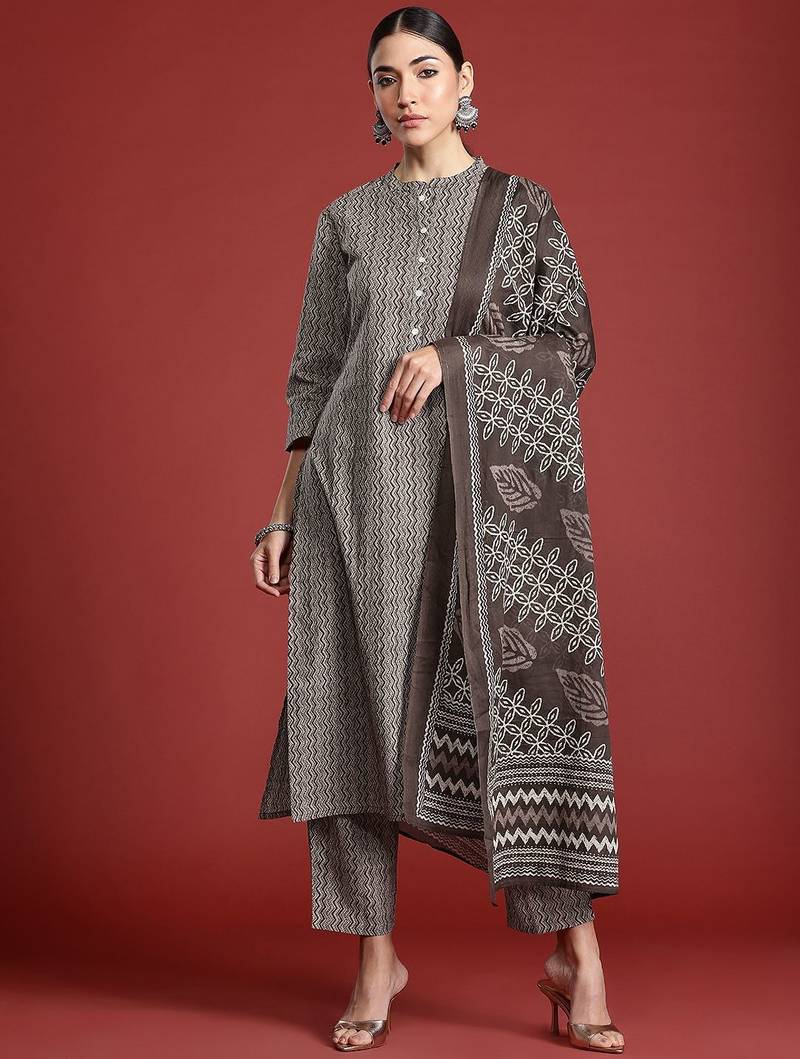 Printed Pure Cotton Kurta with Trousers & With Dupatta