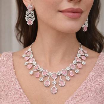 Rose Pink Pear Drop Necklace Earring Set, Silver Tone Cubic Zirconia Bridal Jewellery 1