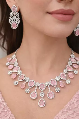 Rose Pink Pear Drop Necklace Earring Set, Silver Tone Cubic Zirconia Bridal Jewellery