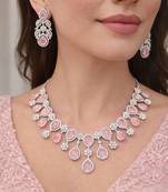 Rose Pink Pear Drop Necklace Earring Set, Silver Tone Cubic Zirconia Bridal Jewellery