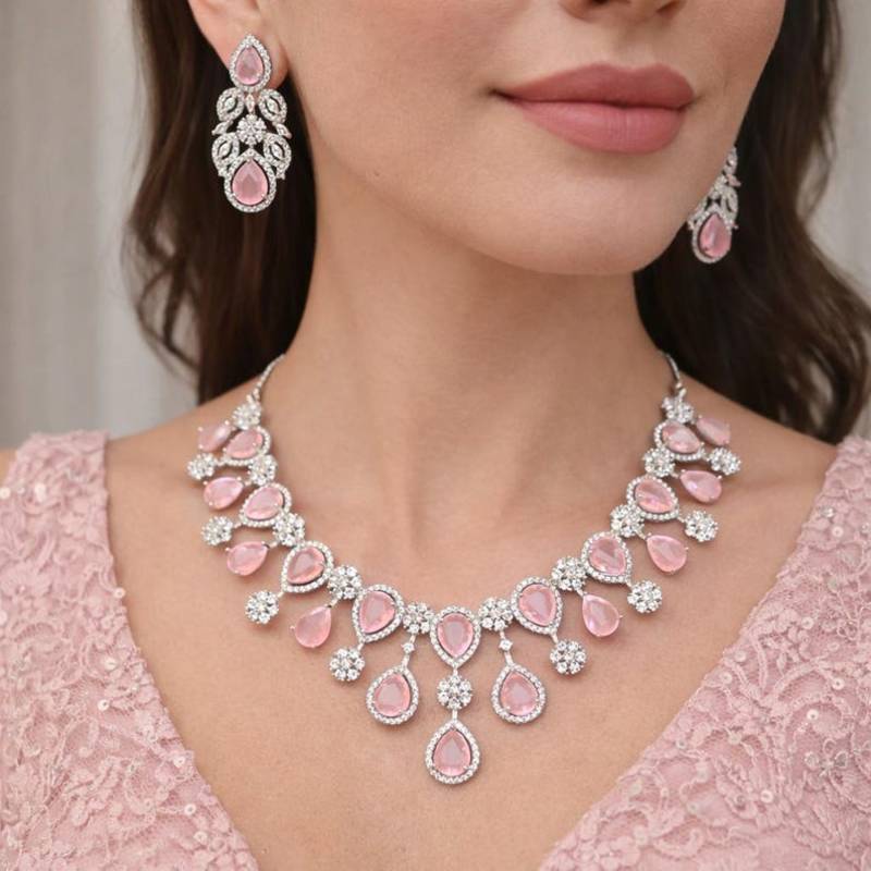 Rose Pink Pear Drop Necklace Earring Set, Silver Tone Cubic Zirconia Bridal Jewellery