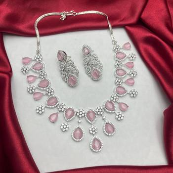 Rose Pink Pear Drop Necklace Earring Set, Silver Tone Cubic Zirconia Bridal Jewellery 2