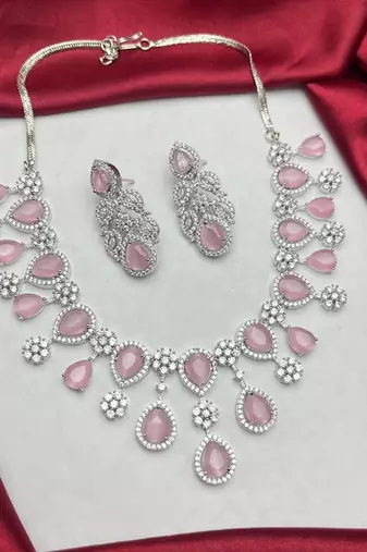 Rose Pink Pear Drop Necklace Earring Set, Silver Tone Cubic Zirconia Bridal Jewellery