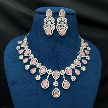Rose Pink Pear Drop Necklace Earring Set, Silver Tone Cubic Zirconia Bridal Jewellery 3