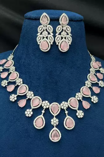 Rose Pink Pear Drop Necklace Earring Set, Silver Tone Cubic Zirconia Bridal Jewellery