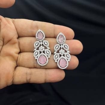 Rose Pink Pear Drop Necklace Earring Set, Silver Tone Cubic Zirconia Bridal Jewellery 4