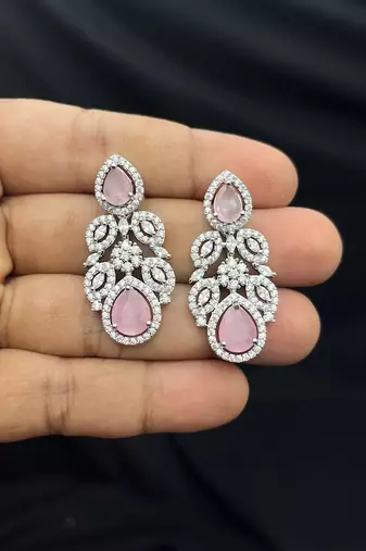 Rose Pink Pear Drop Necklace Earring Set, Silver Tone Cubic Zirconia Bridal Jewellery