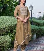 Floral Embroidered Sequinned Staight Kurta & Trousers With Dupatta