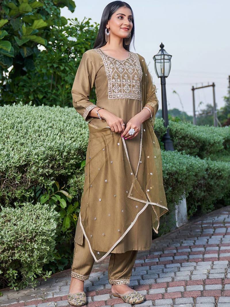 Floral Embroidered Sequinned Staight Kurta & Trousers With Dupatta