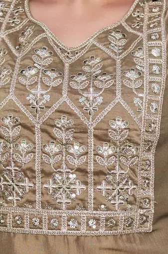 Floral Embroidered Sequinned Staight Kurta & Trousers With Dupatta