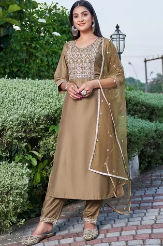 Floral Embroidered Sequinned Staight Kurta & Trousers With Dupatta