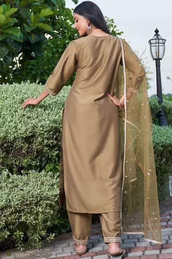 Floral Embroidered Sequinned Staight Kurta & Trousers With Dupatta