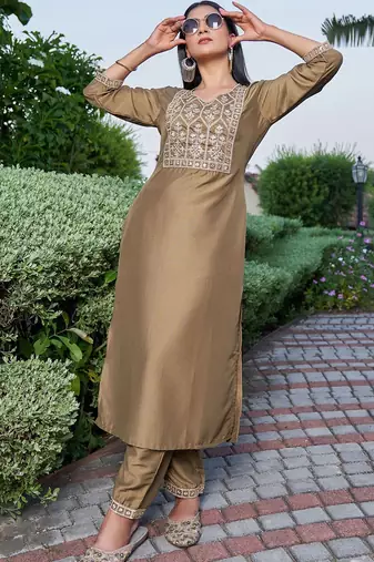 Floral Embroidered Sequinned Staight Kurta & Trousers With Dupatta