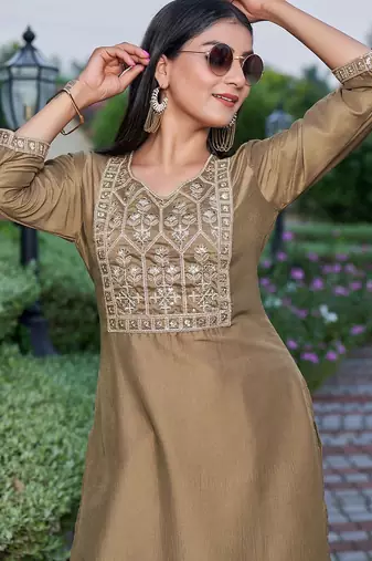 Floral Embroidered Sequinned Staight Kurta & Trousers With Dupatta