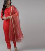 Women Red Floral Embroidered Regular Kurta with Trousers & With Dupatta