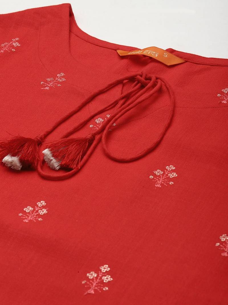Women Red Floral Embroidered Regular Kurta with Trousers & With Dupatta