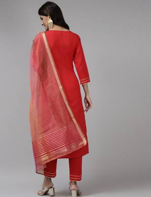 Women Red Floral Embroidered Regular Kurta with Trousers & With Dupatta 6