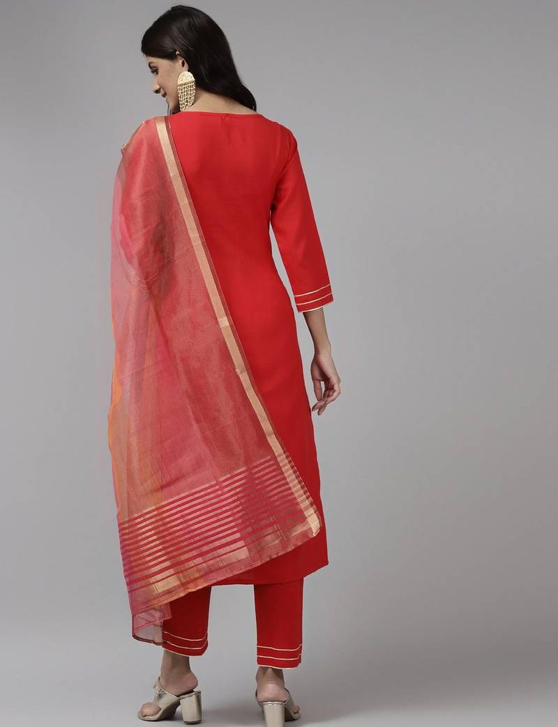 Women Red Floral Embroidered Regular Kurta with Trousers & With Dupatta