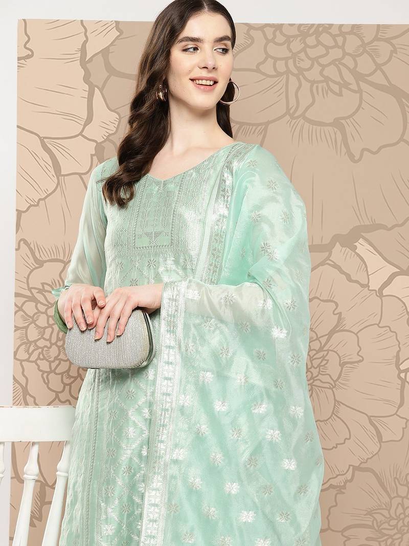 Women Regular Chanderi Silk Kurta with Trousers & With Dupatta