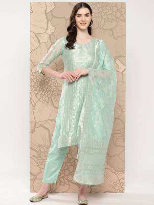 Women Regular Chanderi Silk Kurta with Trousers & With Dupatta 2