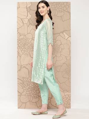 Women Regular Chanderi Silk Kurta with Trousers & With Dupatta 3