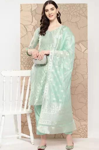 Women Regular Chanderi Silk Kurta with Trousers & With Dupatta