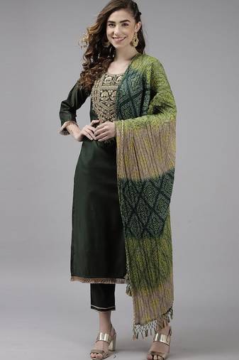 Floral Embroidered Sequinned Liva Kurta With Trousers & Dupatta
