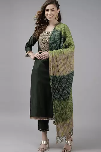 Floral Embroidered Sequinned Liva Kurta With Trousers & Dupatta