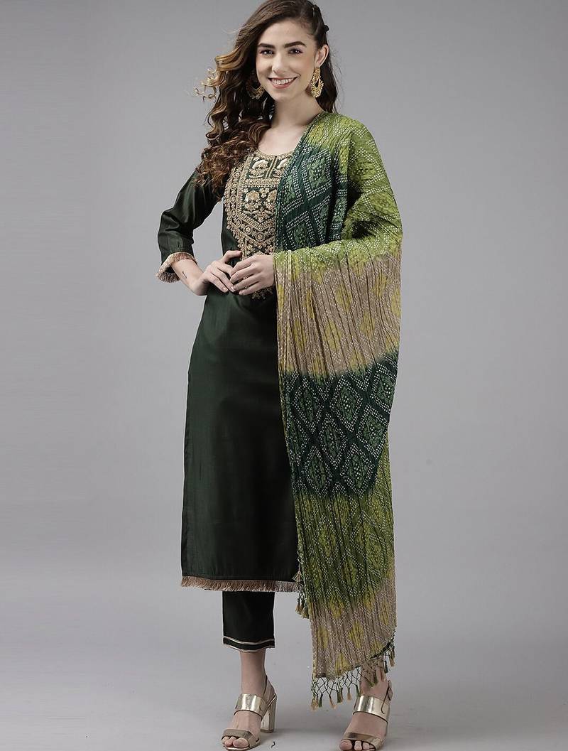 Floral Embroidered Sequinned Liva Kurta With Trousers & Dupatta
