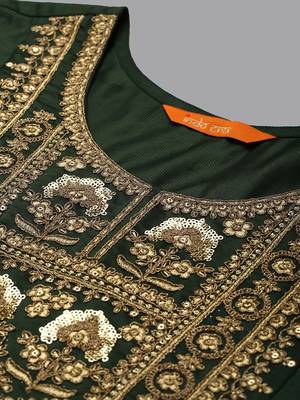 Floral Embroidered Sequinned Liva Kurta With Trousers & Dupatta 2