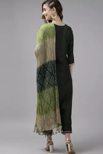Floral Embroidered Sequinned Liva Kurta With Trousers & Dupatta