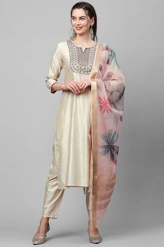 Women Cream-Coloured Floral Yoke Design Regular Thread Work Liva Kurta with Trousers & With Dupatta
