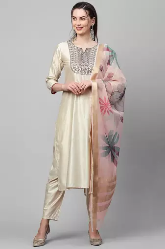 Women Cream-Coloured Floral Yoke Design Regular Thread Work Liva Kurta with Trousers & With Dupatta
