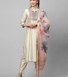 Women Cream-Coloured Floral Yoke Design Regular Thread Work Liva Kurta with Trousers & With Dupatta